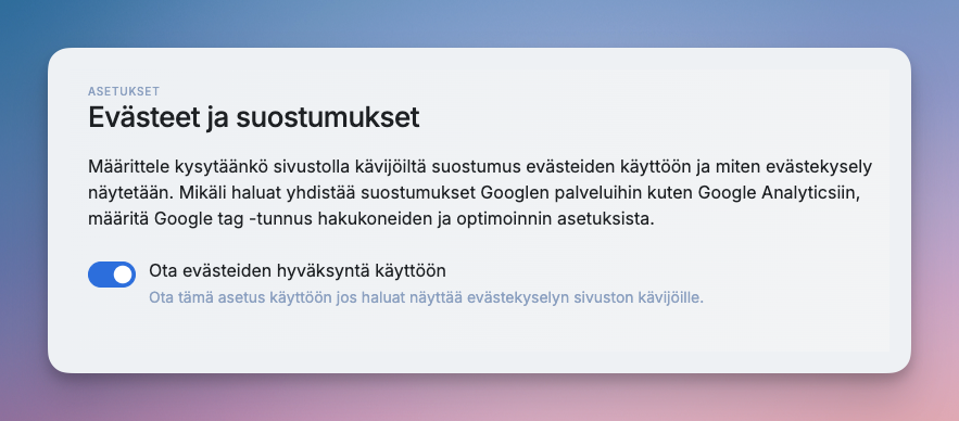 Kuvaus asetukset sivun selventävästä selitetekstistä.