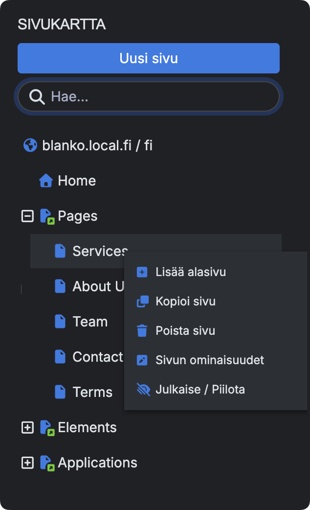 Sitemap and menu