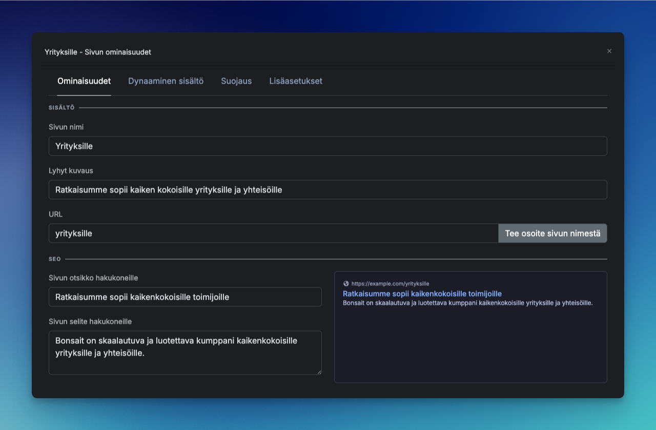 Sivujen lisääminen ja ominaisuudet päivittyi